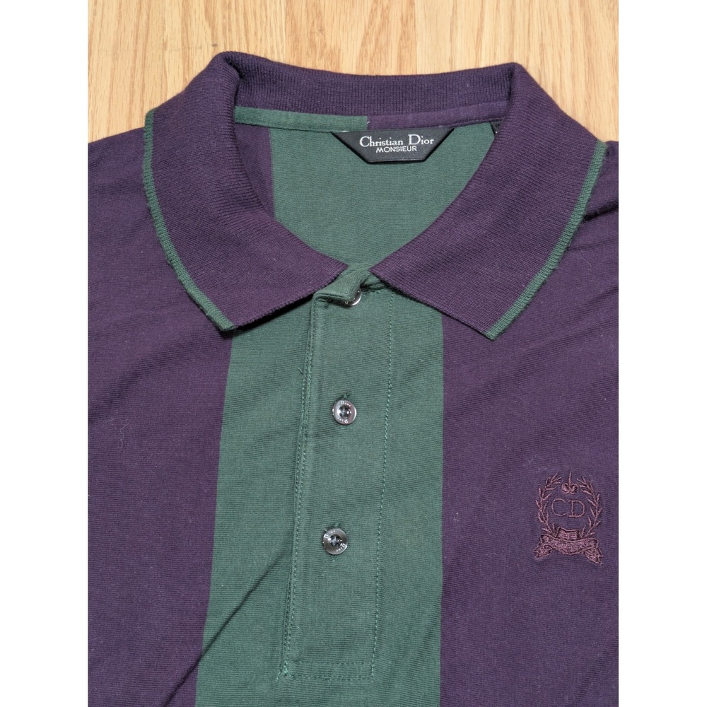 Christian Dior Mens Vintage Stripe Long Sleeve Polo Shirt Green Purple M